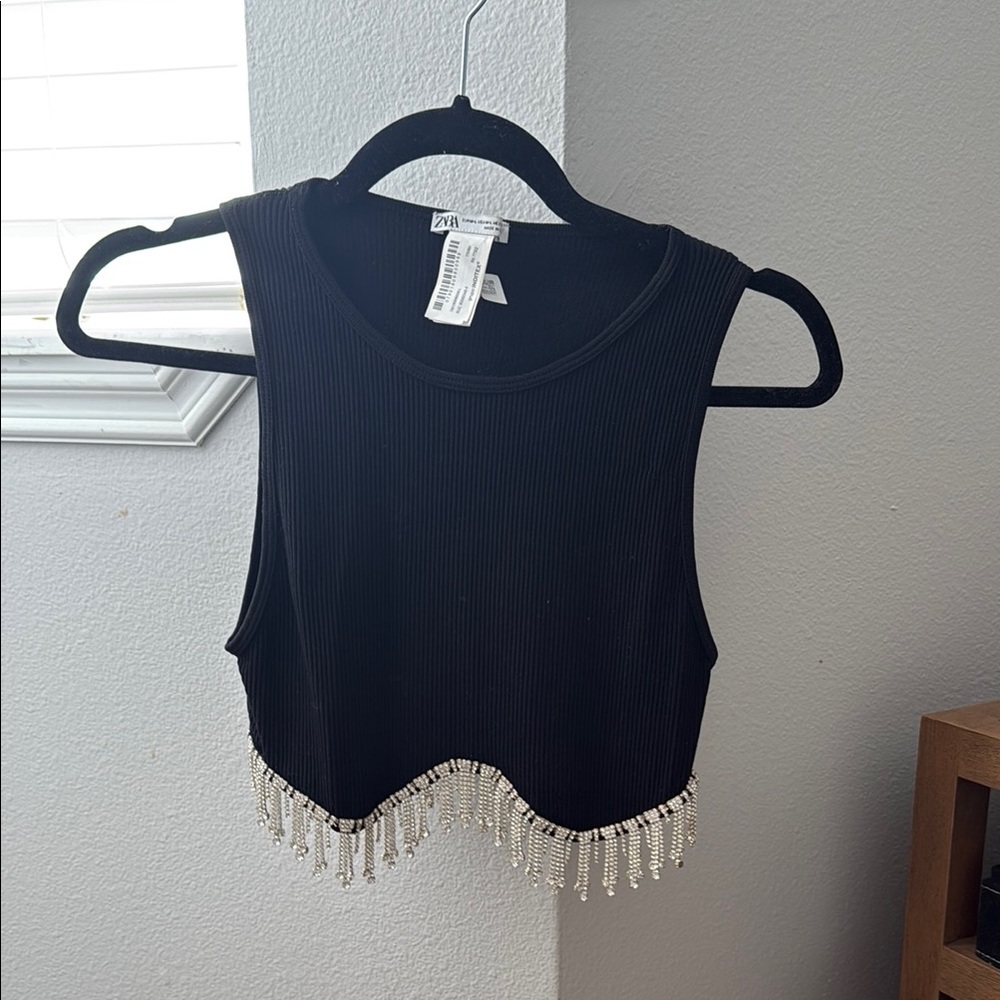 Zara Black Tank Top with Beaded Hem